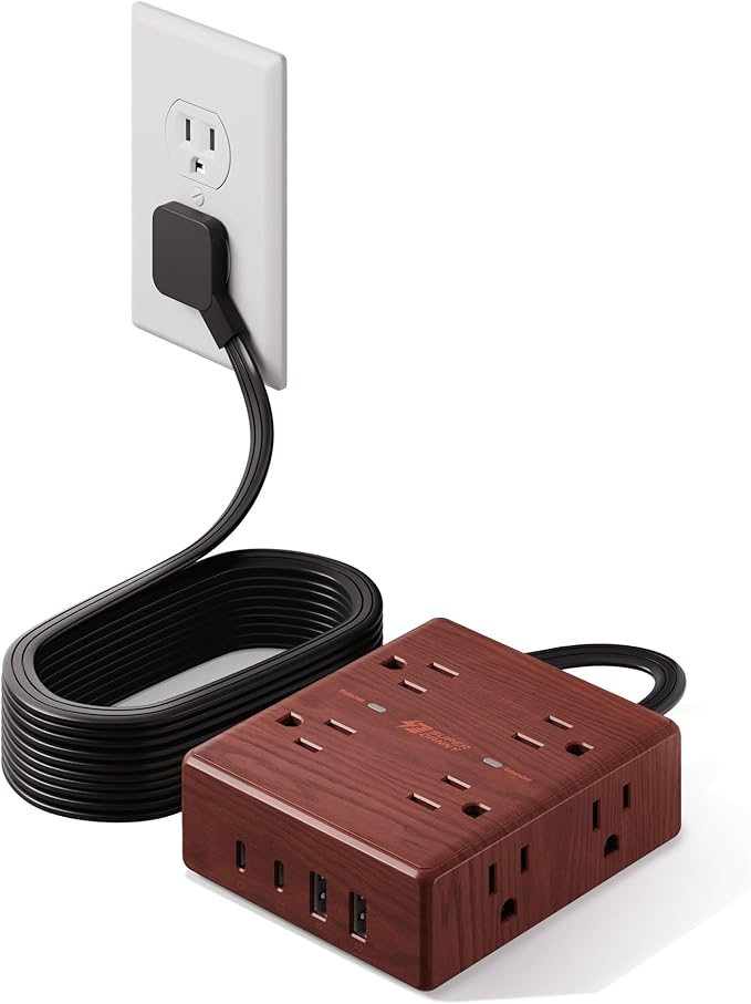 Brown Extension Cord 10Ft, Flat Plug Power Strip Surge Protector, 8 Outlet 4 USB Ports (2 USB C), Wall Mountable, Decorative Wood Charging Station for Home Office Desk Accessories —Wood Grain