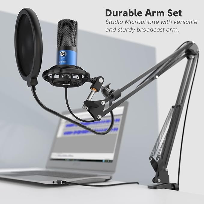 FIFINE USB Recording PC Microphone Kit, Computer Condenser Cardioid Mic on Mac Windows PS4/PS5, for Streaming, Podcasting, Gaming, Video, Home Use, with Gain Knob, Arm Stand-T669 Blue
