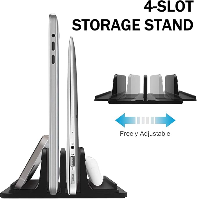 Vertical Laptop Stand for Desk 4 Slots Heavy Duty, Double Adjustable Stands Tablet Holder Metal Compatible w‘ All MacBook Surface Dell Samsung HP Chromebook Upto 17.5'- Black