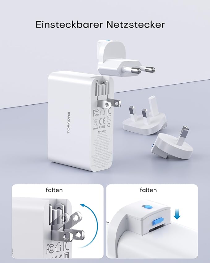Topadre 100W USB C Travel Charger, 4-Ports Foldable Travel Adapter Plug Converter with UK/EU/AU Plugs,Fast Charging for Macbook Pro/Air,for iPad Pro/iPhone 16/15 Pro Max, for 45w Samsung Galaxy, White