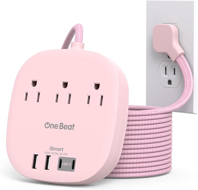 Cruise Ship Travel Essentials, 22.5W/4.5A Flat Plug Power Strip, 10Ft Long Extension Cord, 3 Outlets 4 USB Ports (2 USB C) Cruise Approved Power Strip No Surge Protection, USB Charging Station, Pink
