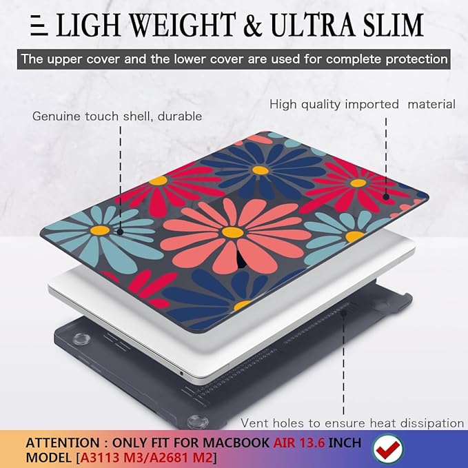 CISSOOK Compatible with MacBook Air 13 inch Case 2026 2025 2024 2023 2022 Release M5 M4 M3 M2, Hard Shell Cover Keyboard Skin for MacBook Air 13.6 inch A3449 A3240 A3113 A2681, Daisy Flowers