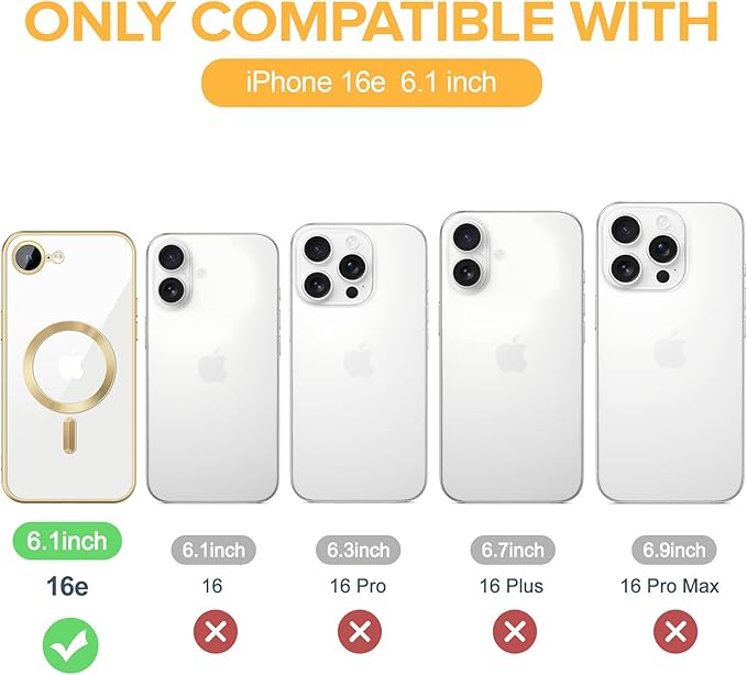 Hython Magnetic Clear for iPhone 16e Case with Camera Lens Protector [Compatible with MagSafe] Luxury Plating Edge Slim Soft TPU Cover Protective Phone Case for iPhone 16e 6.1", Matte Gold