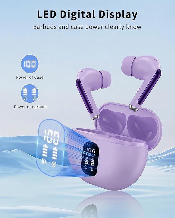 Wireless Earbuds, Bluetooth 5.4 Headphones with 50H Playback, Deep Bass Stereo Ear Buds Clear Calls with LED Power Display, IPX7 Waterproof, in-Ear Earphones with Mic for Phone/Android/iPad, Purple
