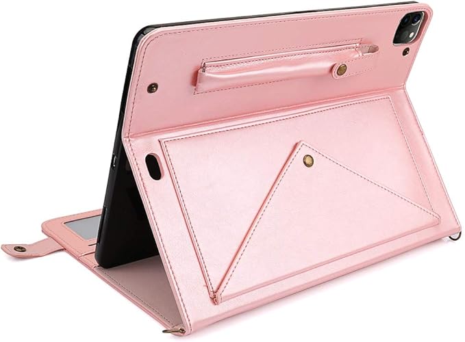Case for iPad Pro 11 2022/2021/2020, iPad Air 11 2025/2024/2022/2020, Techcircle Smart Folio Stand PU Leather Cover w/Hand Strap/Pencil Holder/Card Slots/Envelope Pocket Wallet Case, Rose Gold