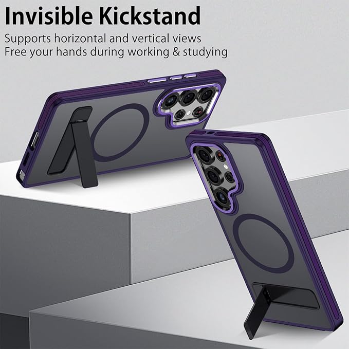 MALEWOLF Stand for Samsung Galaxy S25 Ultra Case Magnetic, Phone Case Compatible with MagSafe, Anti-Slip Grip & Slim Translucent Cover, Rugged Drop Protection (Dark Purple)