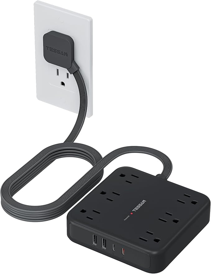 TESSAN 10Ft Black Extension Cord with Multiple Outlets, Surge Protector Power Strip with 6 Outlets and 4 USB Ports (2 USB C), 2100 Joules Protection, Flat Plug, Outlet Extender for Home, Office, Dorm