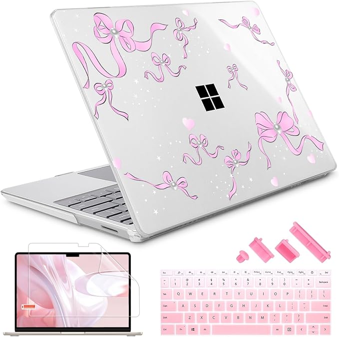 May Chen Compatible with Microsoft Surface Laptop Go 3 Go 2 Go 1 12.4 Inch Model 1943 2013 (2023 2022 2020 Release), Plastic Hard Shell Case with Screen Protector + Keyboard Cover, Pearl Bow