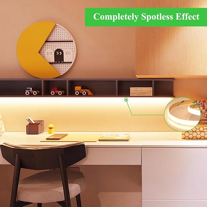 JOYLIT Diffused COB LED Light Strip 24V 3000K Warm White 16.4FT 525LM/FT Super Bright UL Premium Milky White Gel Coated Waterproof LED Tape Spotless 1400LEDs 100W Dimmable CRI 92+
