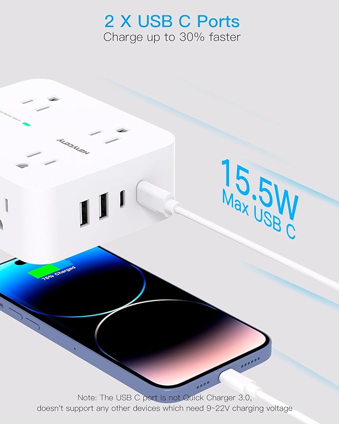 HANYCONY Extension Cord 20 Ft, Power Strip Surge Protector with 8 Outlets 4 USB Ports(2 USB C), Long Cord, Flat Plug, Wall Mount, Desk USB Charging Station for Home Office Essentials