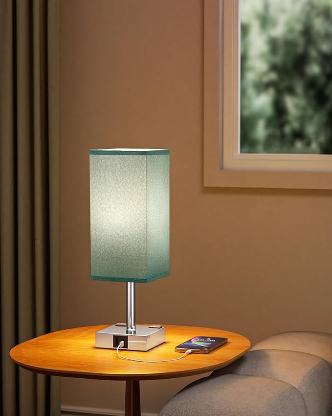 Touch Bedside Table Lamp For Nightstand - 3-Way Dimmable Night Lamp with USB A + Type C Charging Ports and two AC Outlets, Small Desk Light with E26 Bulb for Bedroom Living Room Dorm, Turquoise
