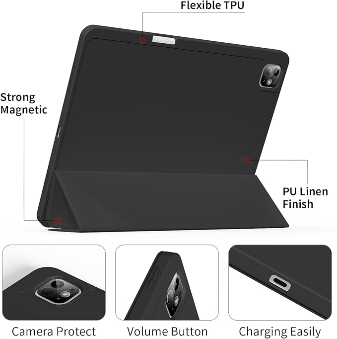 for iPad Pro 13 inch Case (M5/M4) 2025/2024, Slim Protective Cover with Pencil Holder, Soft TPU Back Cover, Trifold Stand, Auto Wake/Sleep, A2925 A2926 A3007 A3362 A3359 (Black)