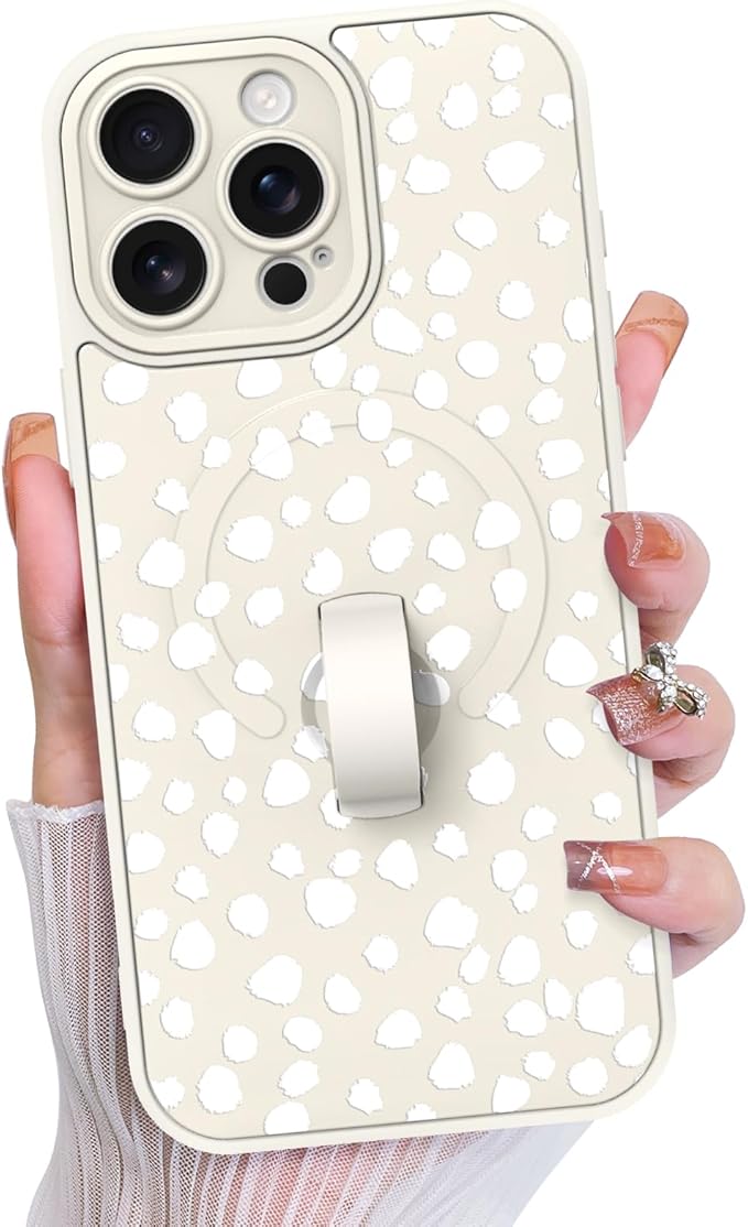 KANGHAR Compatible with iPhone 15 Pro Max Case, Support for MagSafe, Silicone Speck Leopard Cute Pattern, Wristband Kickstand Camera Protection Soft Slim Cover for Girls Women -White