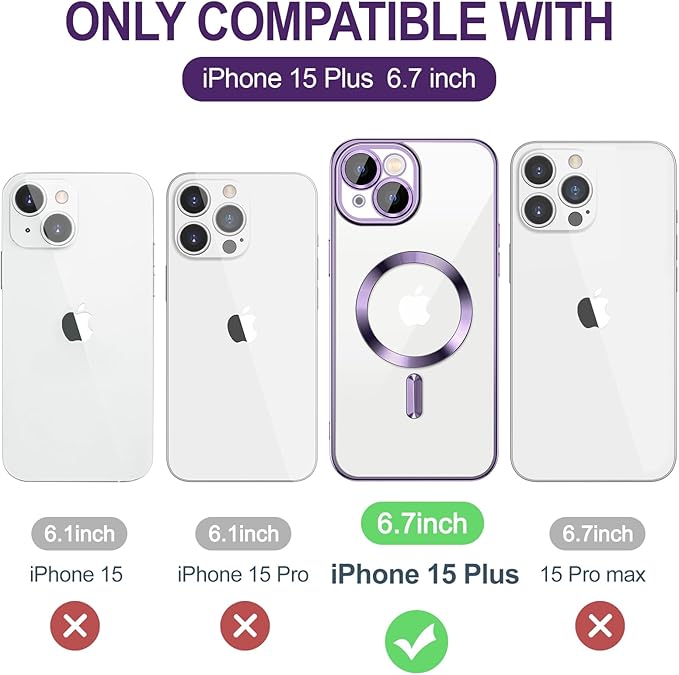 Hython Magnetic Clear for iPhone 15 Plus Case with Camera Lens Protector [Compatible with MagSafe] Luxury Plating Edge Slim Soft TPU Cover Protective Phone Case for iPhone 15 Plus 6.7", Deep Purple