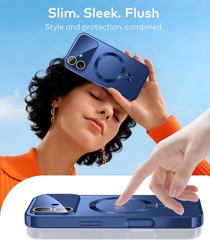 TOBOVON Magnetic for iPhone 17 Case with Ring Stand, Fits MagSafe, with Built-in Camera Lens Protector, Slim Electroplated Shockproof Phone Cover, Blue