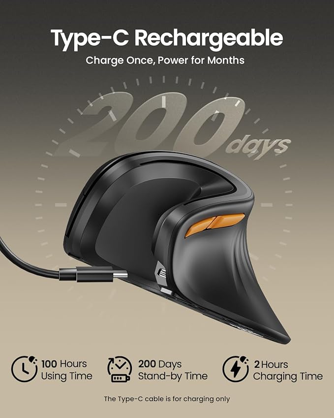 ProtoArc Ergonomic Mouse, EM11 NL Bluetooth Rechargeable Wireless Vertical Mouse, 3 Multi-Device Connectivity for Computer/PC/Laptop, 2.4GHz USB-A Optical Mice for Windows, Mac OS, Black