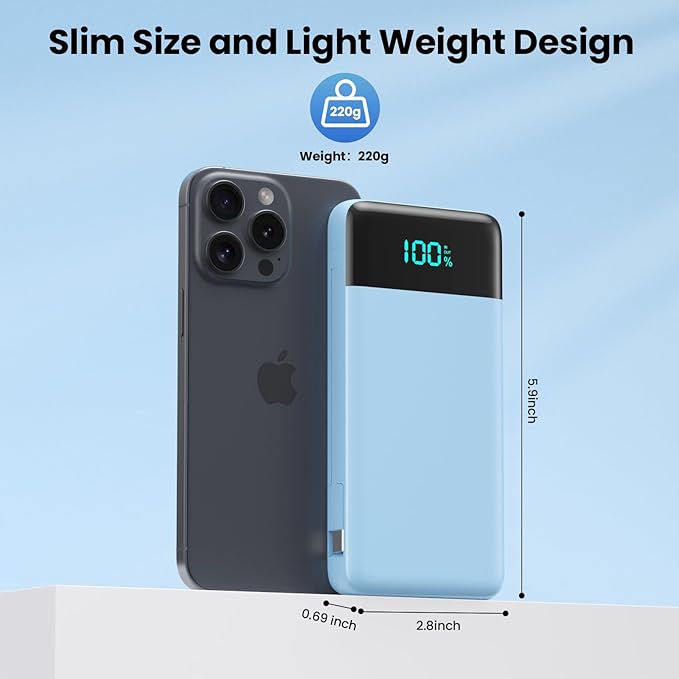 Portable Charger for iPhone,13800mAh Slim Power Bank with Built-in Cables & AC Wall Plug,All in One 4 Outputs USB C Fast Charging Battery Pack Travel Essential for iPhone 17/16/15/14,Android(Sky Blue)