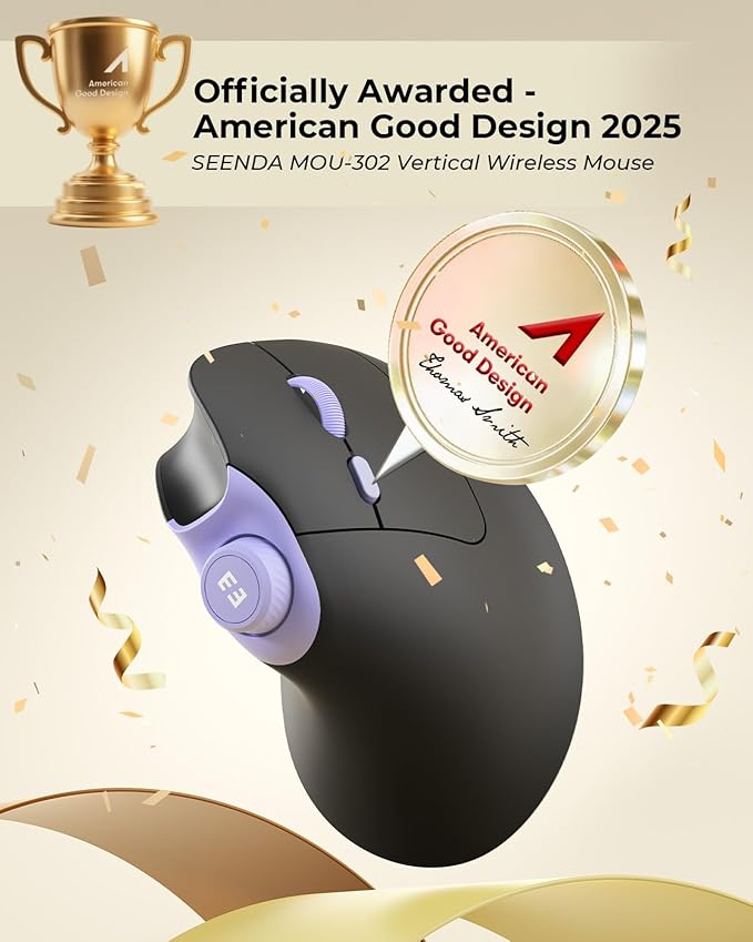 seenda Ergonomic Mouse Wireless, MOU-302 Bluetooth Vertical Mouse Rechargeable, Volume Knob, Silent Mice & 1000/1600/2400 DPI, 3 Multi-Device Connection for Windows/PC/Laptop/Mac/MacBook, Black Purple