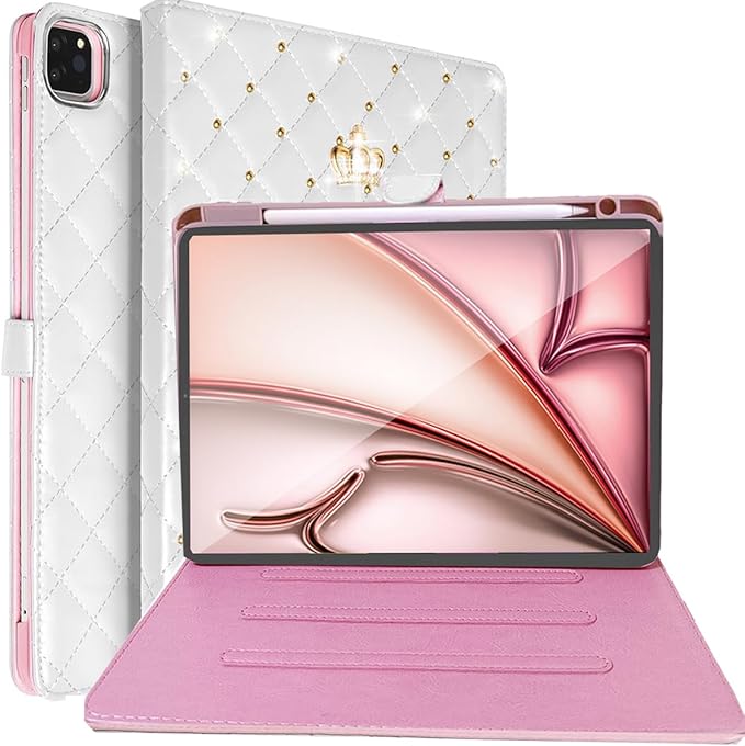 Changjia for iPad Air 11 Inch Case M4 (2026)/M3 (2025)/M2 (2024), iPad Air 5th/4th Gen 10.9" (2022/2020) with Pencil Holder,Girly Cute Crown Diamond Elegant Auto Sleep/Wake Stand Protective Case,White