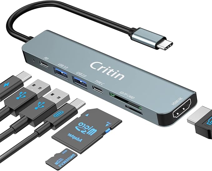 7-in-1 USB C Hub with 4K HD,100W PD Charging,USB C Adapter for MacBook Pro/Air,Dell XPS,HP,Lenovo,iPad Pro,Steam Deck - 5Gbps Data Transfer,SD/TF Card Reader,Slim Portable Laptop Dongle
