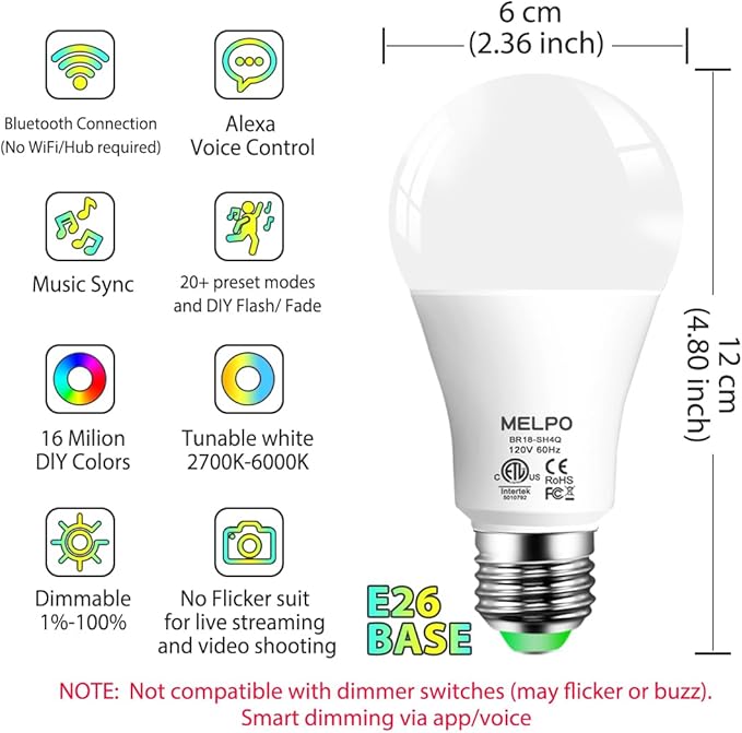 MELPO Smart RGB Light Bulbs Work with Alexa, 12W(130W Equivalent), 2700K-6000K，A19 E26 Bluetooth Color Changing Light Bulb, 16 Million Colors-DIY Flash/Fade - Timing-DIY Scenes- Music Sync (8 Pack)