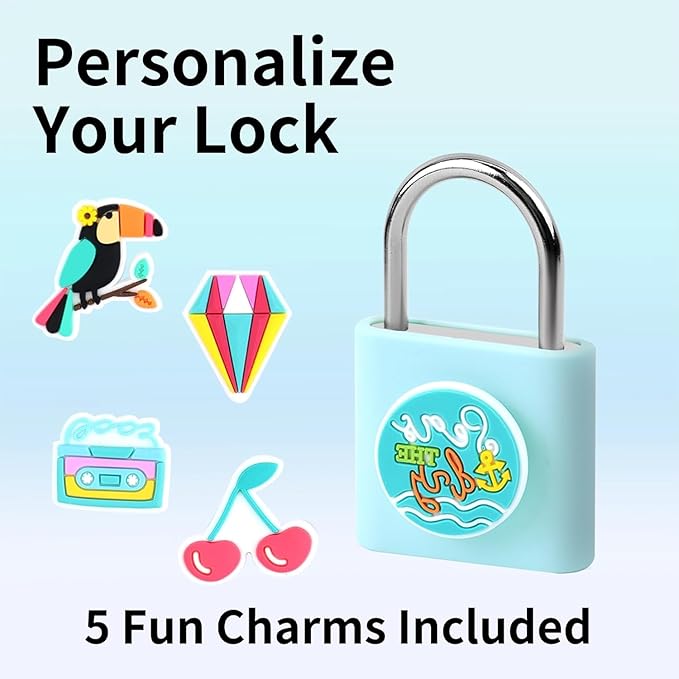 UMIKSMART Fingerprint Padlock with Silicone Protective Cover & Charm, Smart Keyless Padlock for School Locker, Gym Locker, Backpack and Travel Bag, Gift for Kids, Teens and Friends, Fun Blue Set