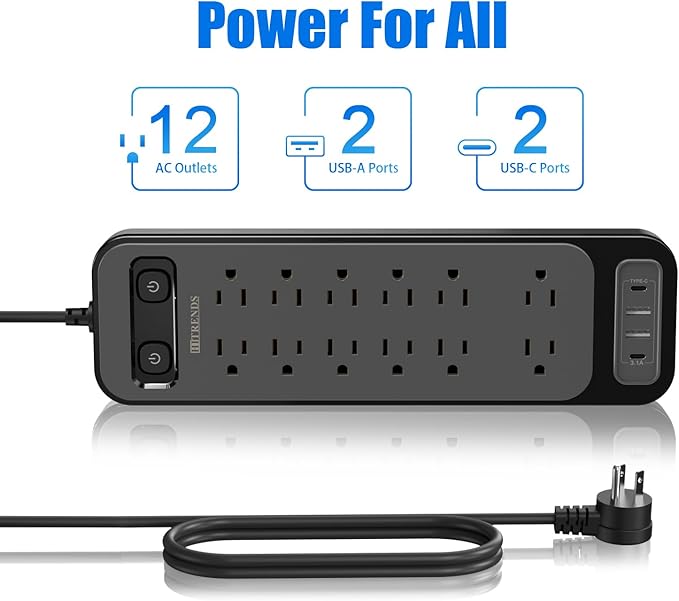 HITRENDS 12-Outlet Surge Protector Power Strip with 2 USB A + 2 USB C, 6FT Flat Plug Extension Cord, Dual Switches, Wide Spacing, 1250W/10A Multi Plug Outlet for Home Office Dormitory, Black