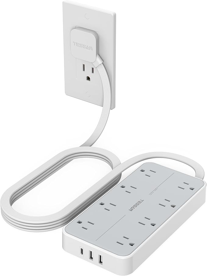 TESSAN Power Strip Surge Protector, 6FT Flat Plug Extension Cord with 8 Outlets 3 USB Charger(1 USB C), 1080 Joules Protection, 1875W 15A, Wall Mountable Charging Station for Home Office Dorm, Gray
