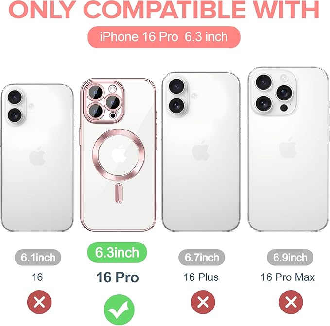Hython Magnetic Clear for iPhone 16 Pro Case with Camera Lens Protector [Compatible with MagSafe] Luxury Plating Edge Slim Soft TPU Cover Protective Phone Case for iPhone 16 Pro 6.3", Pink