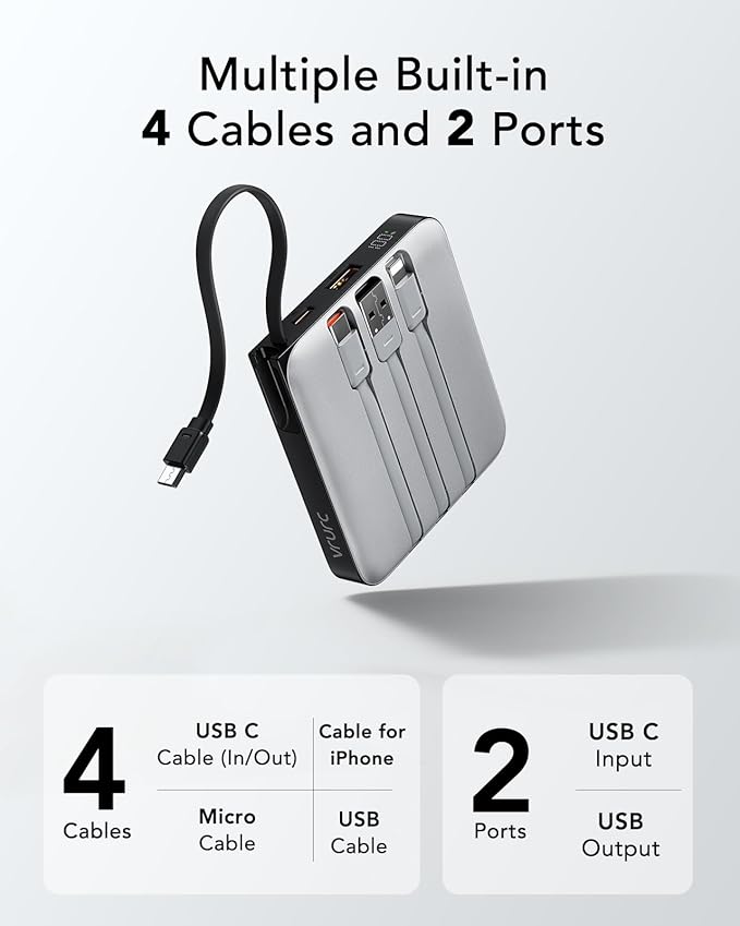 VRURC Portable Charger with Built-in Cable, 10000mAh 22.5W Fast Charging USB C Battery Pack, Cell Phone Power Bank for iPhone 17 16 15 Series Android Tablet (Grey)