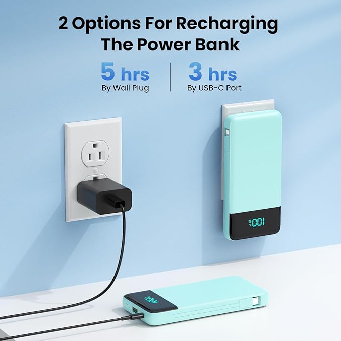Portable Charger for iPhone,13800mAh Slim Power Bank with Built-in Cables & AC Wall Plug,All in One 4 Outputs USB C Fast Charging Battery Pack Travel Essential for iPhone 17/16/15/14,Android (Green)