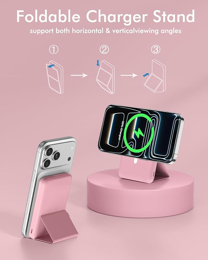 podoru for Magsafe Battery Pack, Foldable 10000mAh Magnetic Power Bank with USB-C Cable LED Display 22.5W PD Fast Charging Wireless Portable Charger for iPhone 17/16/15/14/13/12 Series-Pink