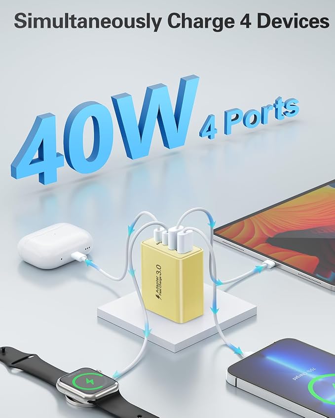 2-Pack USB C Charging Block, 40W Fast USB C Charger Block 4-Port Dual PD Power Adapter + QC Wall Plug Multiport Type C Charging Block Cube for iPhone 16 15 14 13 12 11 Pro Max Plus, Samsung