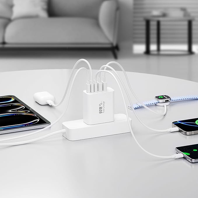 USB C Charger Block, 60W 5-Port Type C Charger Fast Charging Block, USBC USB Multiple Port Wall Charger Plug Adapter for iPhone 17/Air/16/15/14/13/12/11 Pro Max, Samsung Galaxy, iPad, Tablet (White)