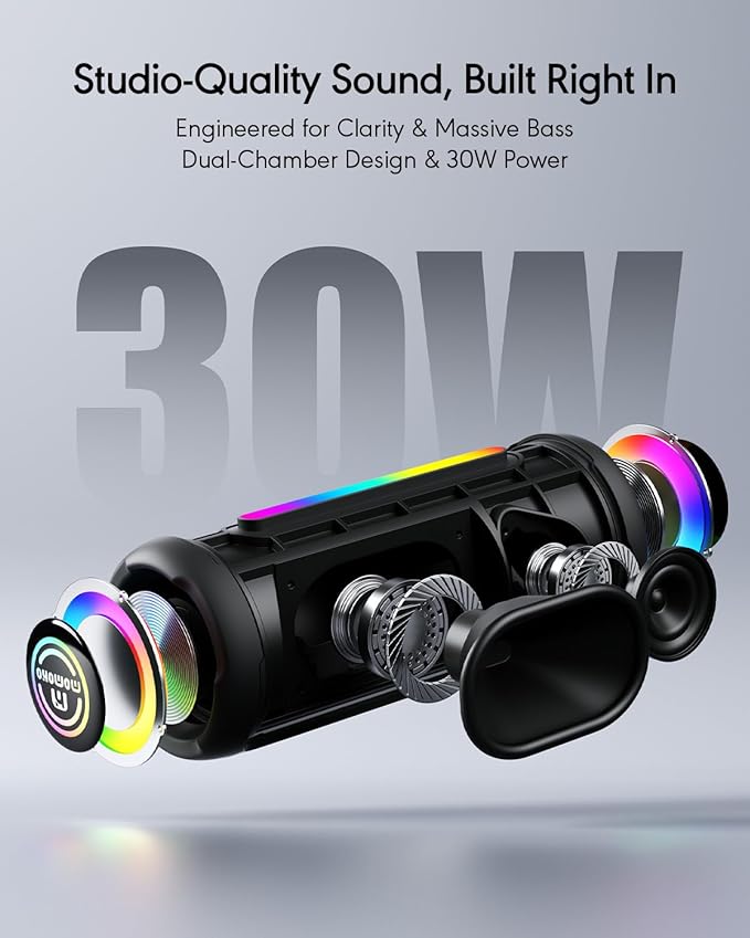 Portable Bluetooth Speaker, IPX7 Waterproof Wireless Speaker, 30W Loud Stereo Sound with Deep Bass, RGB Lights, Bluetooth 5.4, EQ Mode for Home/Party/Outdoor, Birthday Gifts for Men Women(Black)