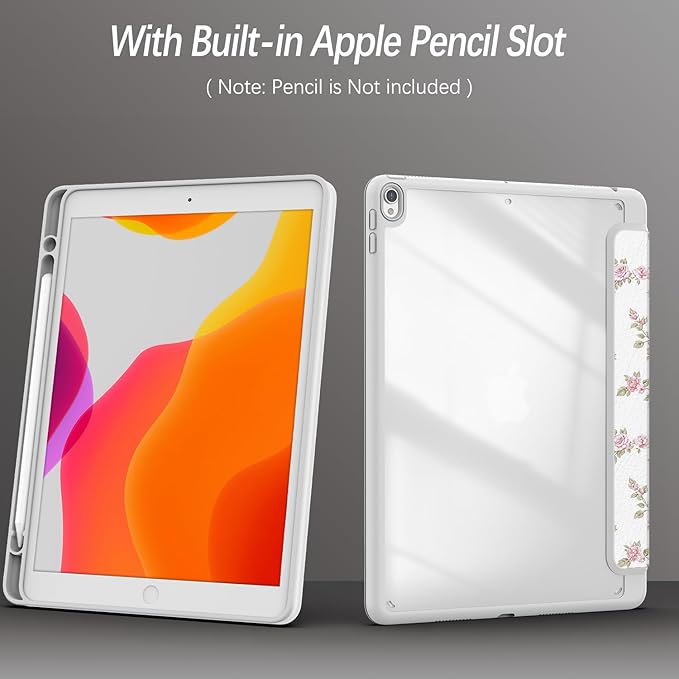 Case for iPad pro 10.5 inch 2017/ iPad Air 3rd Generation 2019, Case with Pencil Holder, Stand Clear Back Cover Cute Cool Design for Women Girls, Auto Sleep/Wake, Pink Flower