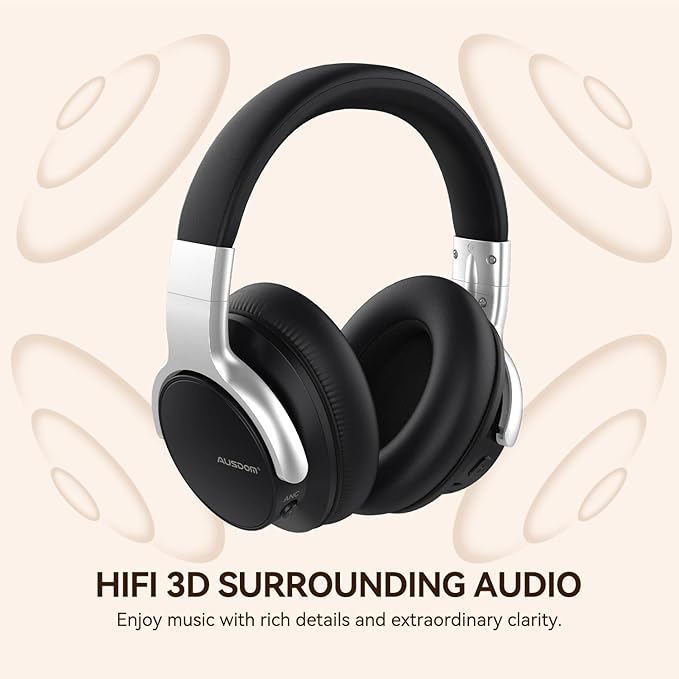 AUSDOM Bluetooth Noise Cancelling Headphones: E7 Wireless Over Ear ANC Headphones with Microphone, 50H Playtime, Hi-Fi Sound, USB C Charge, Comfortable Earpads for Travel Work Adults, Silver Black