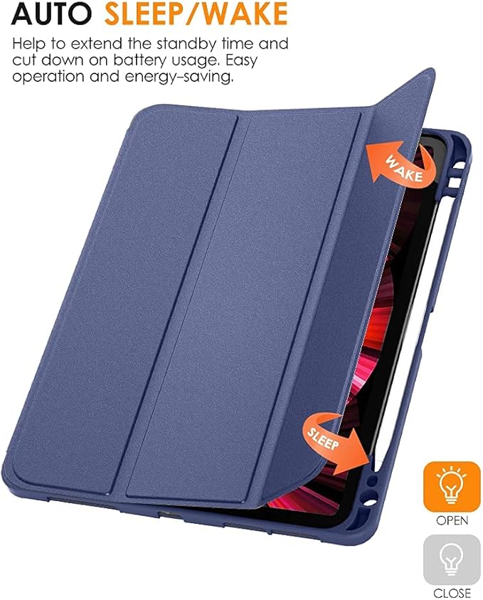 DTTO for iPad Pro 11 inch 4th/3rd/2nd/1st Generation 2022/2021/2020/2018 Case, Smart Slim Trifold Stand Soft TPU Back Cover with Built-in Pencil Holder, Also Fit iPad Air 5/4,Navy Blue