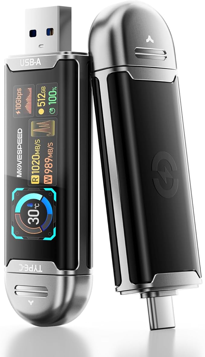 MOVE SPEED 512GB USB Drive with Smart Display 1090MB/s USB 3.2 Gen2 and Type C SSD Memory Stick for ProRes 4K Video iPhone 17/16/15, Android Phone, Windows, Mac, Tablet