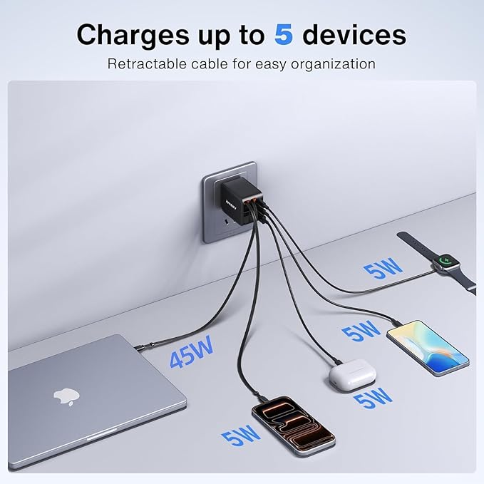 iVANKY 65W Retractable Wall Charger for MacBook, 5-in-1 USB C+Lightning GaN Charger Block with Cables, 33.5 inches, PD PPS Fast Charging, 5-Port Power Adapter for iPhone 17/16/15 Pro Max, MacBook Neo