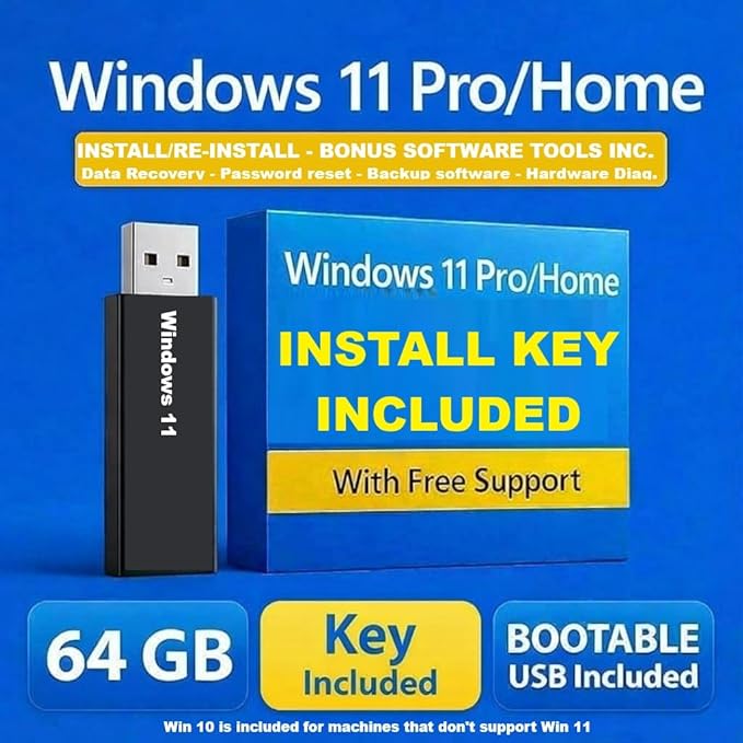 Bootable USB for Install & Reinstall Window 10 and Window 11 with Install Key, Software Tools for Recovery, Passwords resets, Machine troubleshooting. High Speed 64GB