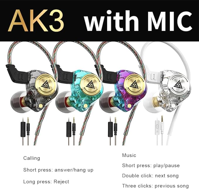 Wired Gaming Earbuds 4 Pack, Ak3file in Ear Monitors, Deep Bass Sound Wired Earbuds, HiFi in Ear Headphones with 1DD 10mm Dynamic Driver, IEM for Music Gaming Video Calling (Four Colors)