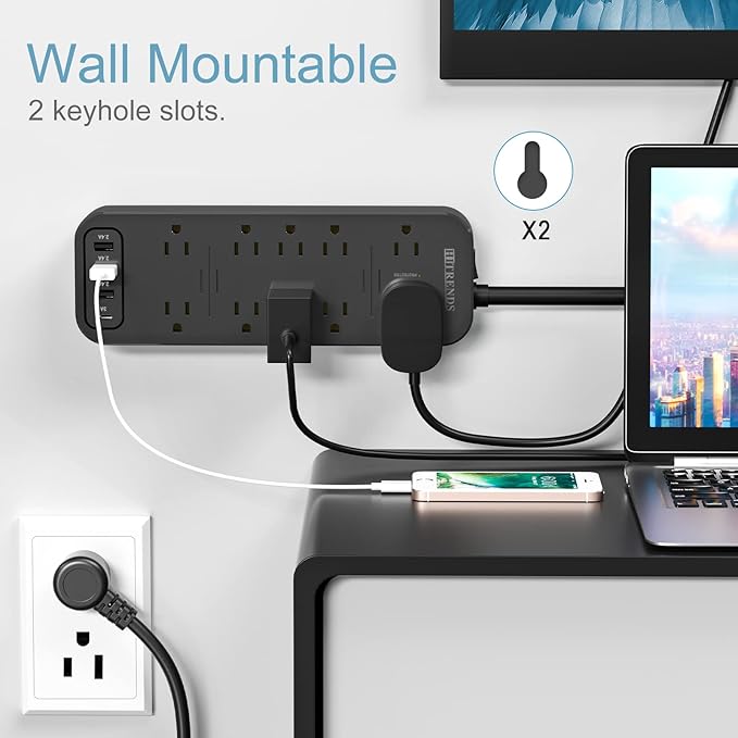 Power Strip Surge Protector with 12 Outlets & 4 USB Ports & 1 USB-C Port (5V/3A), 2360 Joules, Angled Flat Plug, Spaced Outlets & ETL Listed Power Outlet for Home Office - Black