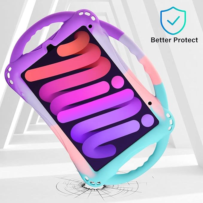 TopEsct Kids Case for iPad mini 7 (A17 Pro) 2024 /iPad Mini6 2021, Shockproof Silicone Cover with Handle Stand for 8.3" iPad mini 6th/7th Gen, Puple and Turquoise