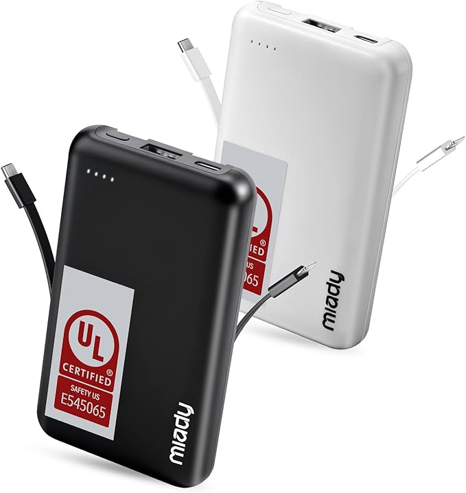 Miady 2-Pack Small Portable Charger UL Listed, 5000mAh Slim Power Bank Built-in 2 Cables Lightweight Travel Battery Pack 3 Outputs 2 Inputs Compatible with iPhone 17/16/15/14/13 Galaxy S24/S22 etc