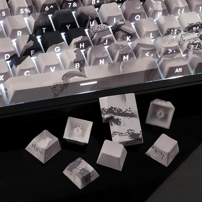 Tsungup PBT Side Print Keycaps,135 Keys Dye Sub Shine Through Keycap Set,Gray White Inked Bird Custom Key caps Cherry Profile Keycaps for Cherry MX Switches Mechanical Keyboards