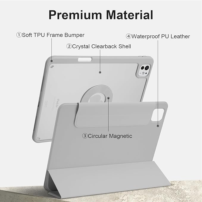 Case for iPad Pro 11 inch M5/M4 (2025/2024, 6th/5th Generation), Removable and Detachable Magnetic Cover with Pencil Holder, Vertical Adjustable Stand, Tri-Fold Multi-Angle, Gray