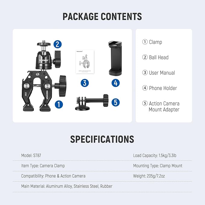 Neewer Super Clamp with Ballhead, Cold Shoe, Phone Holder and Action Camera Mount Adapter for Flat/Round Surface Compatible with GoPro DJI iPhone 15 Pro Max, ST87