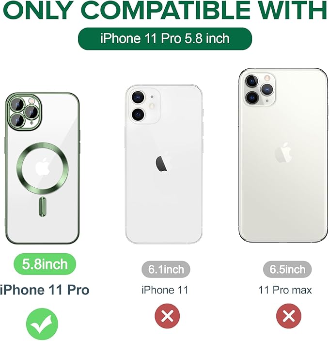Hython Magnetic Clear for iPhone 11 Pro Case with Camera Lens Protector [Compatible with MagSafe] Luxury Plating Edge Slim Soft TPU Cover Protective Phone Case for iPhone 11 Pro 5.8", Deep Green