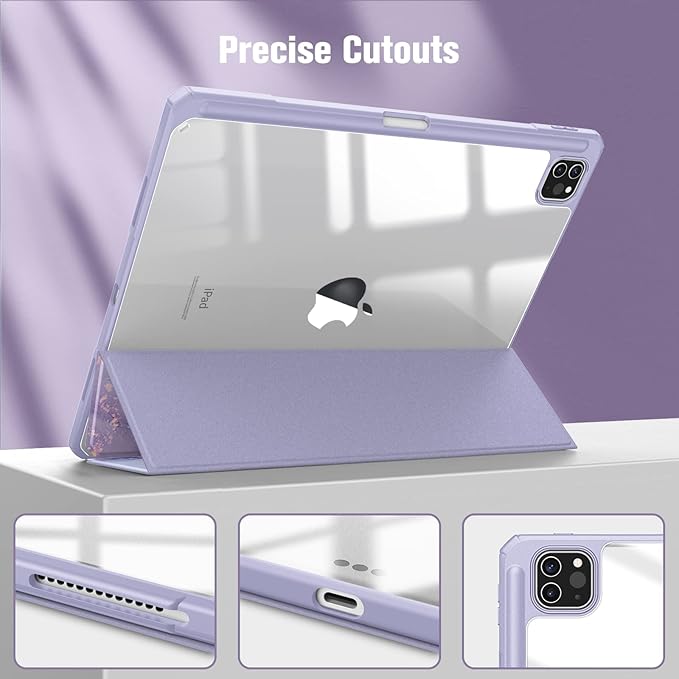 Fintie Hybrid Slim Case for iPad Pro 12.9-inch 6th Generation 2022, [Built-in Pencil Holder] Shockproof Cover w/Clear Transparent Back Shell, Also Fit iPad Pro 12.9" 5th/4th/3rd Gen, Lilac Marble